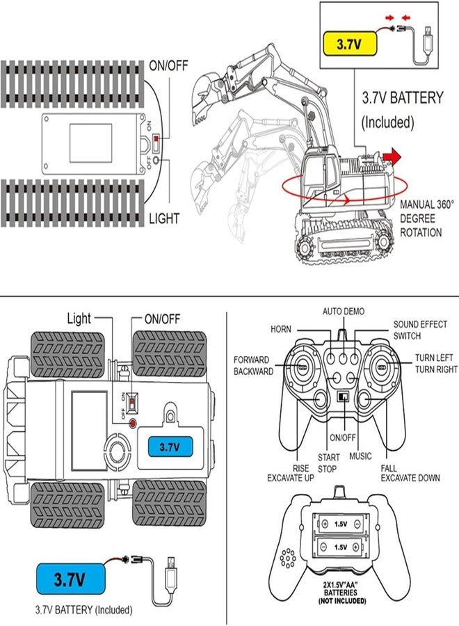 RABJET Remote Control Excavator Toy, 11 Channel Rc Excavator Truck Toys Metal Shovel, 1/24 Remote Control Construction Vehicleswith Light Sound, Digger Truck Gift for Kids - Image 2